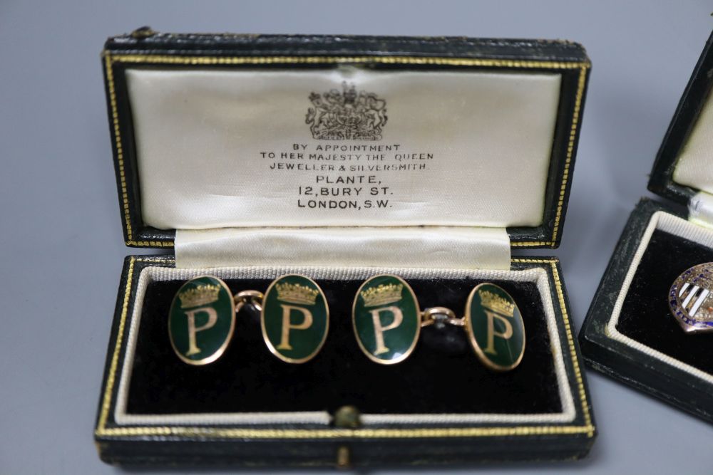 Three assorted cased pairs of 1950s 9ct gold and enamel cufflinks relating to HRH Prince Philip, see images for detail,